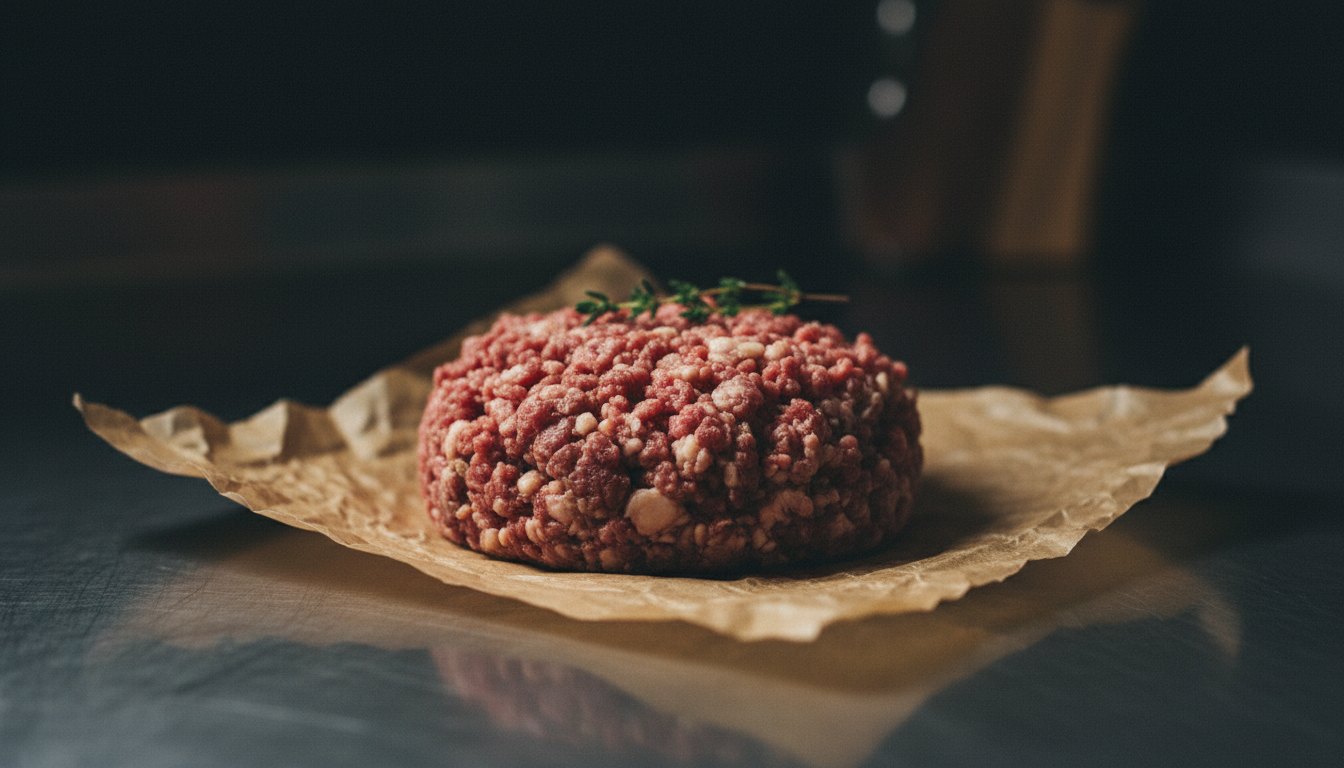 Freshly ground beef on brown butcher paper on a dark steel counter