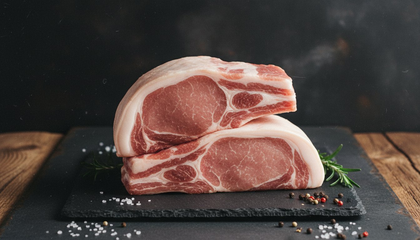 Two thick-cut bone-in pork chops on a dark slate board with salt and rosemary
