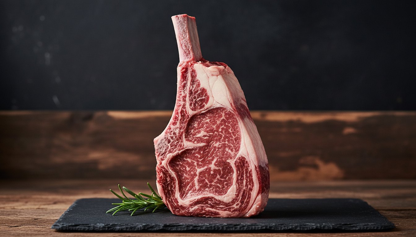A bone-in beef rib steak standing on a dark slate board
