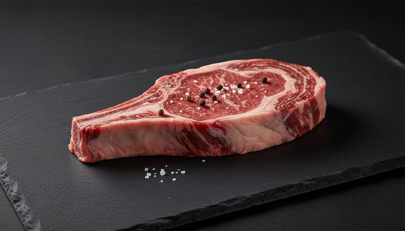 A thick beef steak on dark slate with cracked pepper and coarse salt