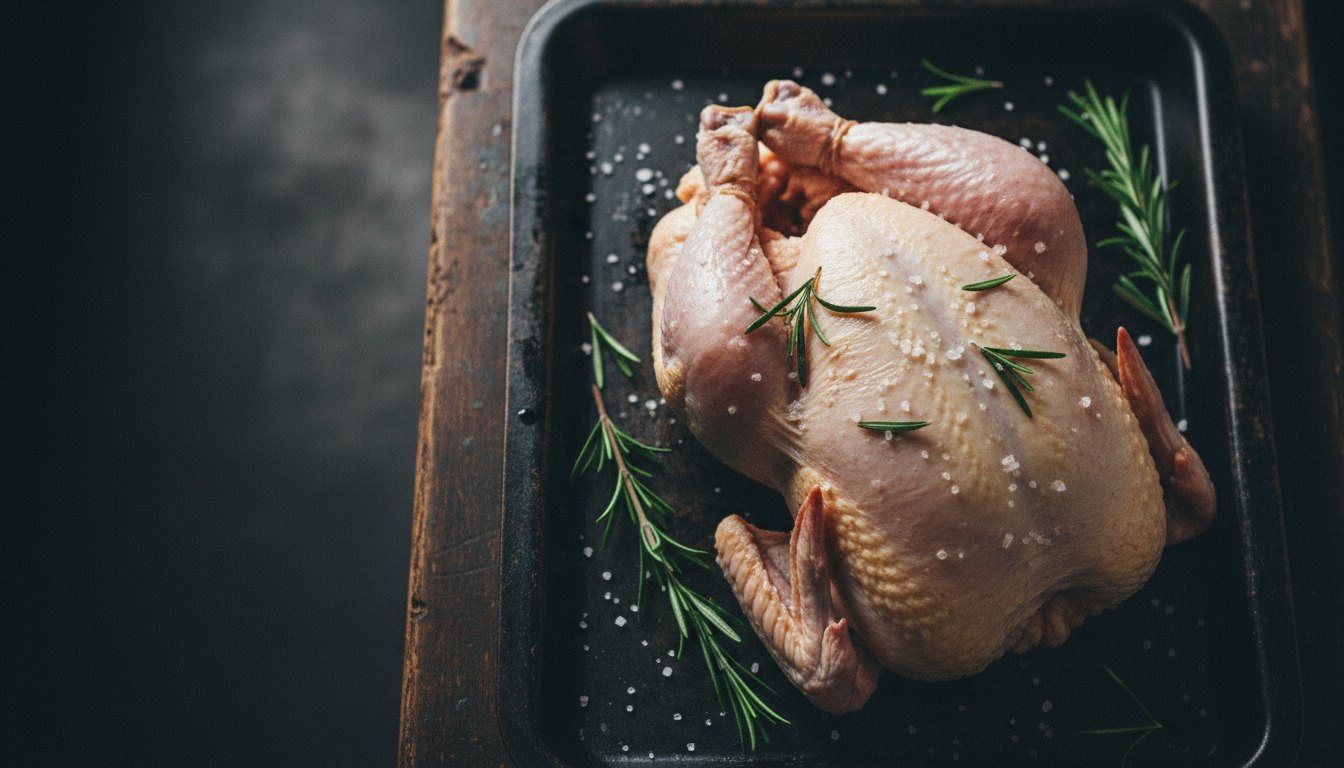 A whole raw chicken on a dark steel tray with rosemary and coarse salt