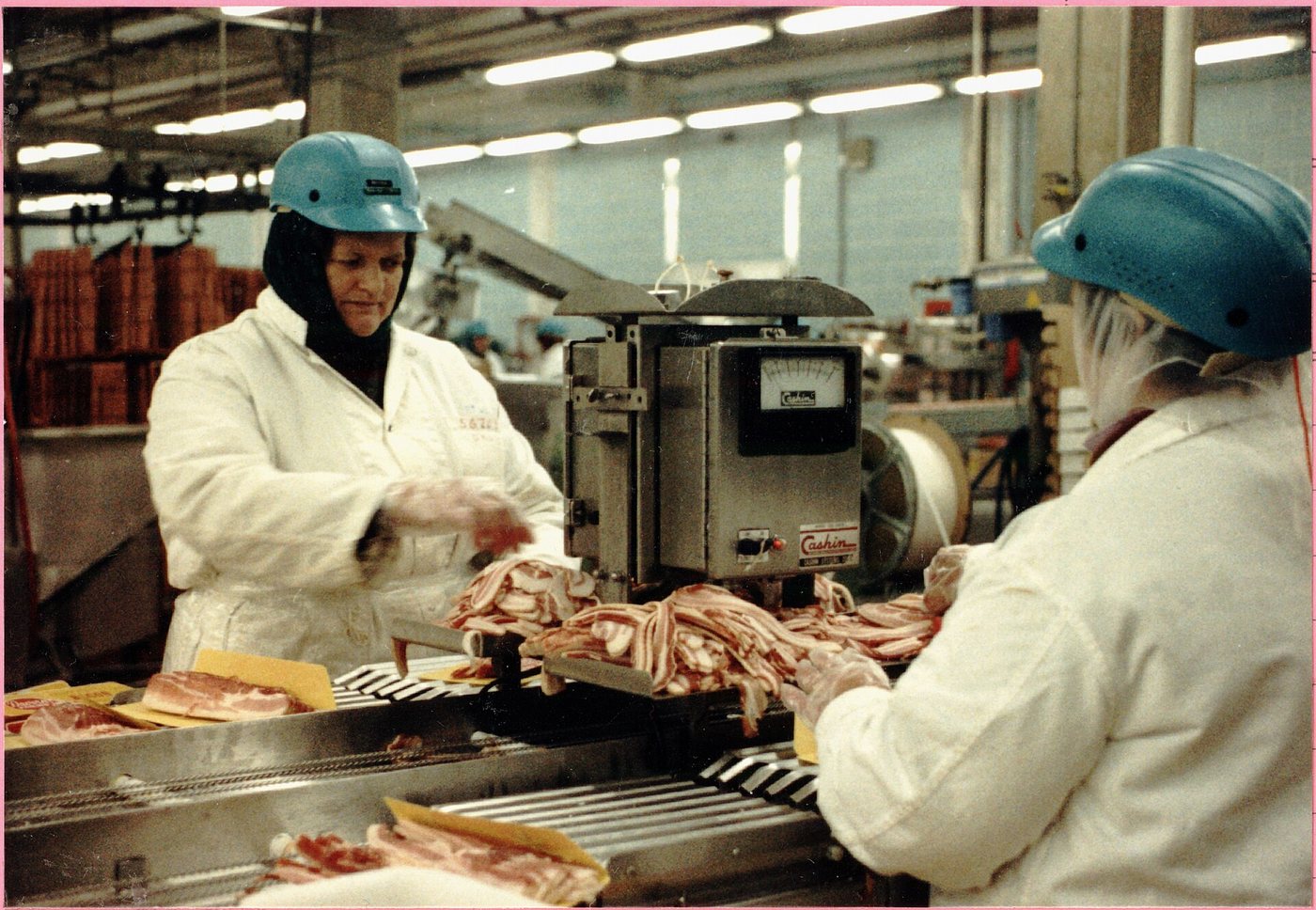 Workers cutting and packing meat along a stainless steel processing line in an inspected plant