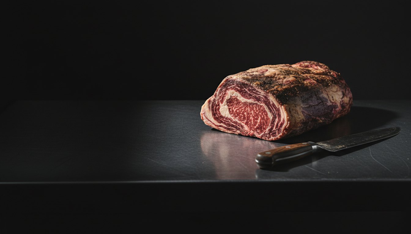 A dry-aged beef ribeye primal on a dark steel butcher's table beside a boning knife