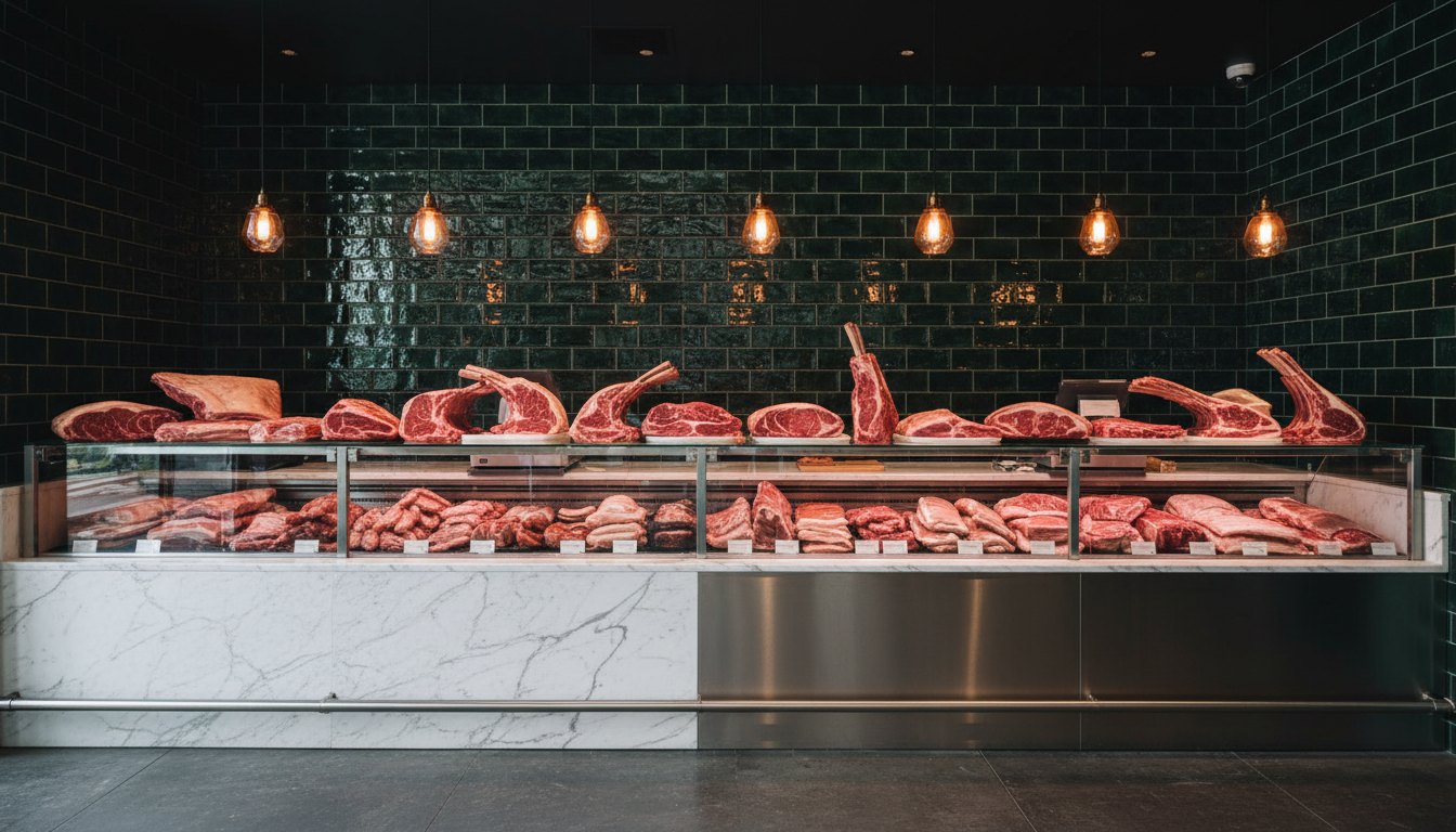 A dark-tiled butcher shop counter with fresh cuts arranged in a chilled display